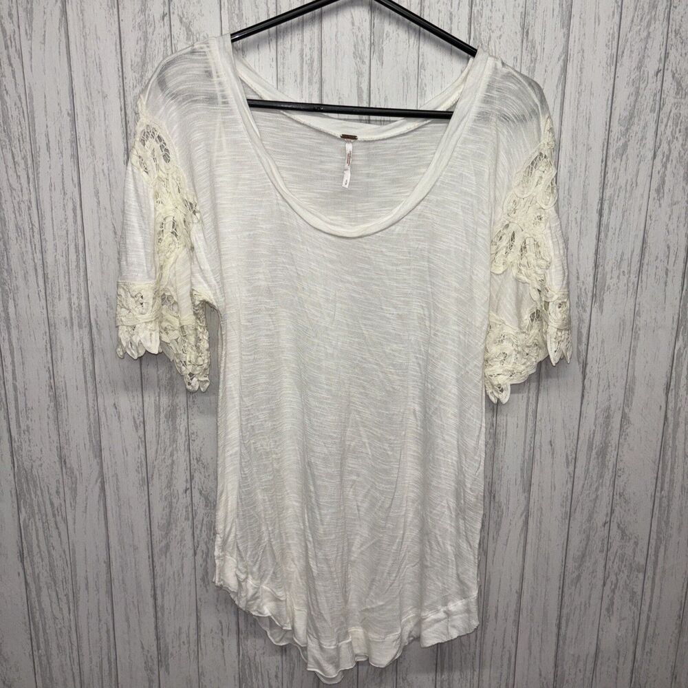 Womens Size S Free People Lace Sleeve Tee Ivory EUC - Picture 3 of 7